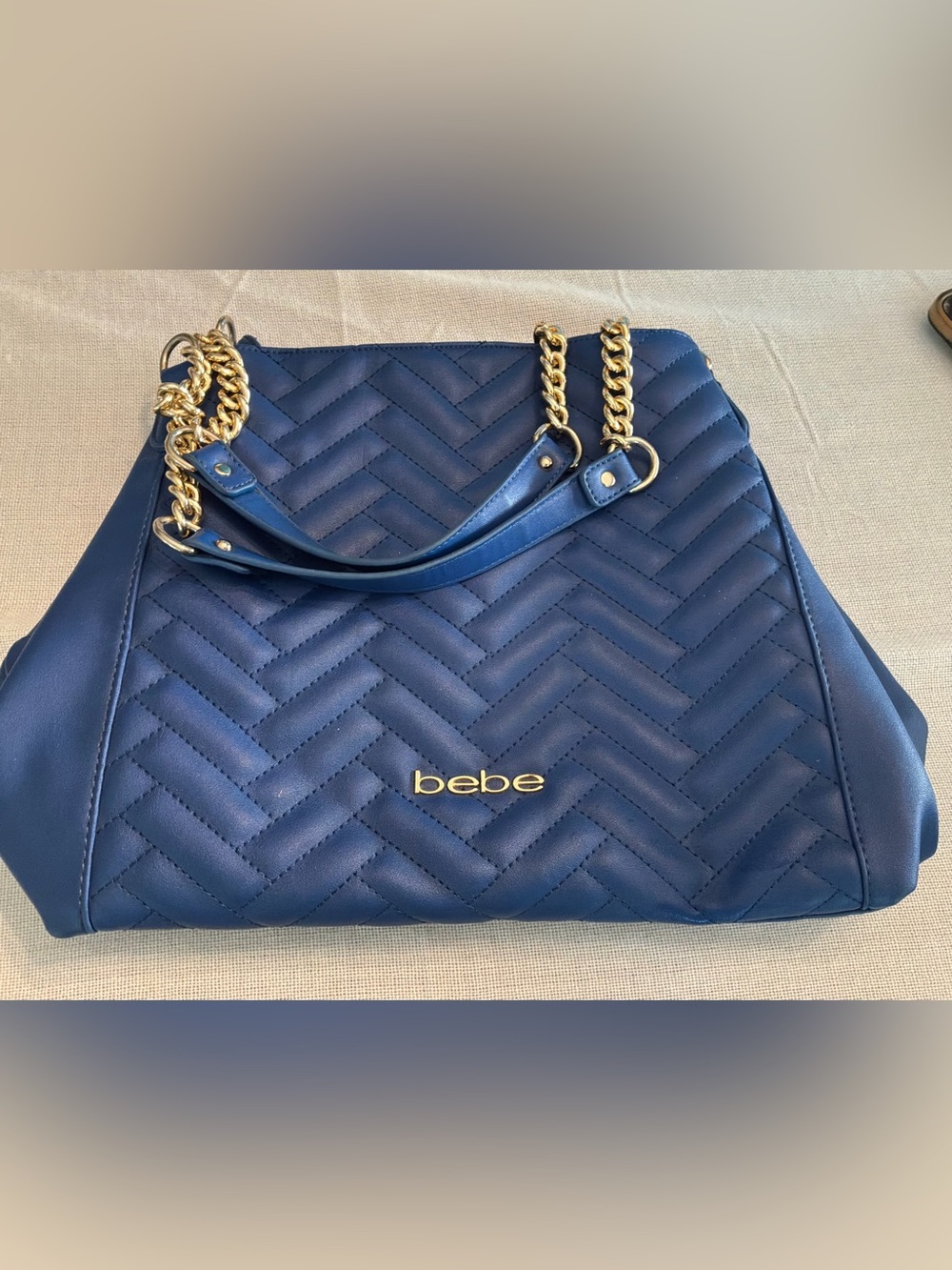 Bebe Royal Blue Chevron Shoulder Bag with Gold Chain